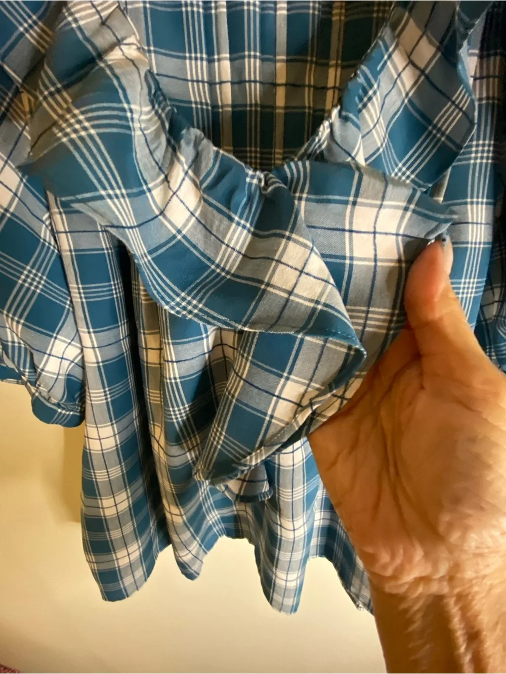 LOFT Teal and White Plaid Ruffle V-Neck Puff Sleeve Blouse
